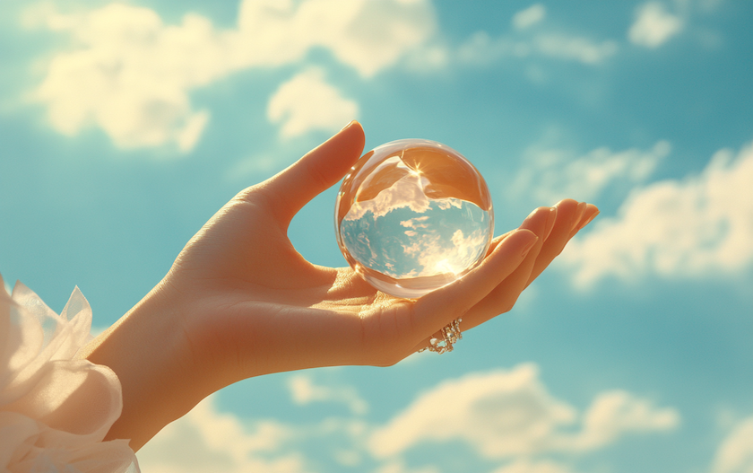 lady's hand holding a large crystal ball