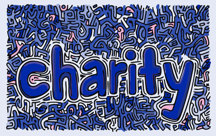 The word “charity” illustrated in a bold, colourful style