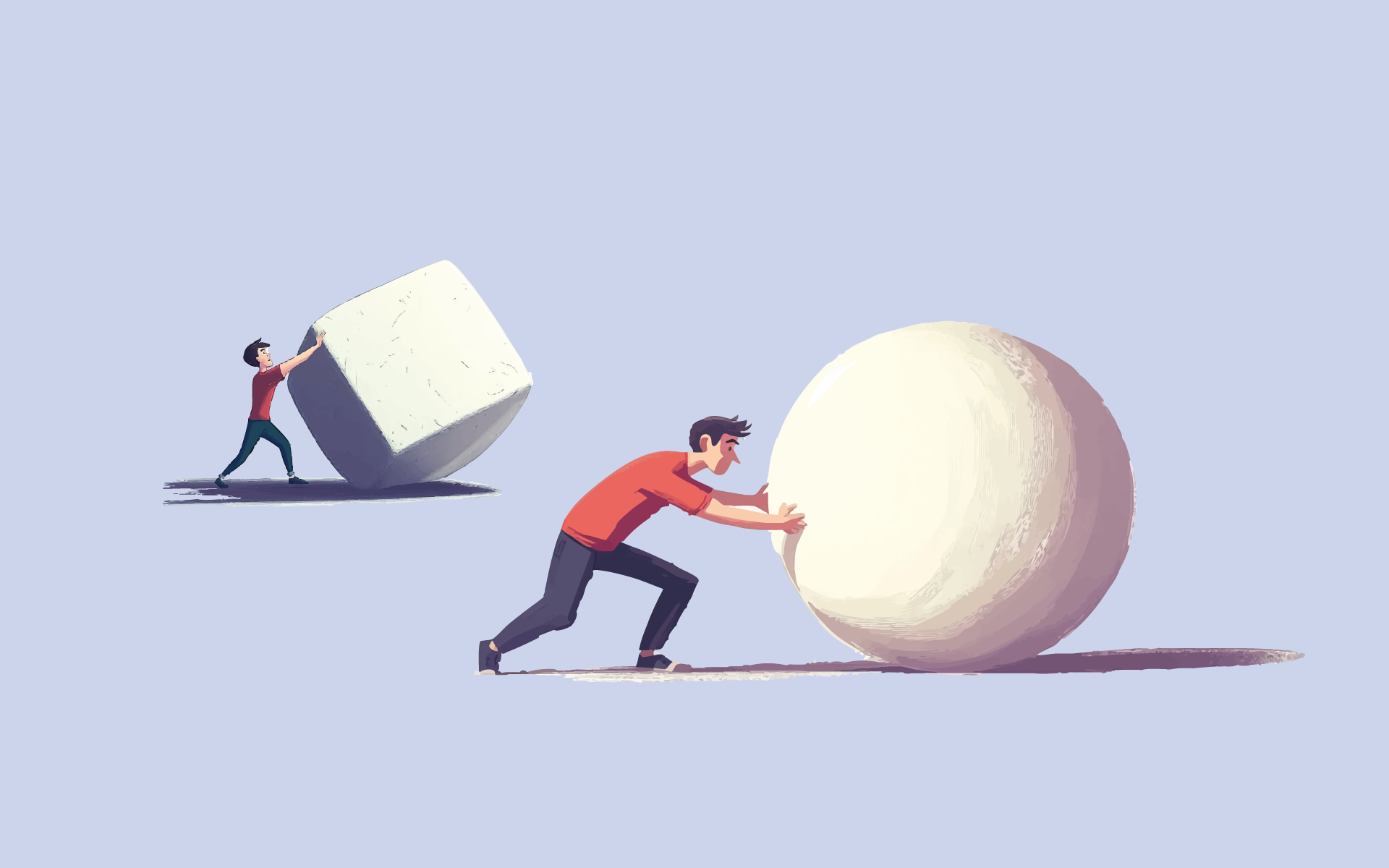 An illustration of one man effortlessly pushing a sphere while another struggles with a cube