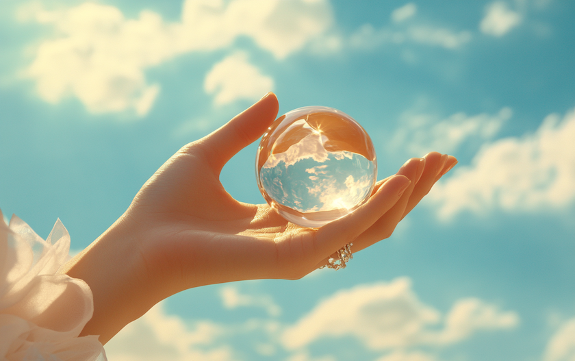 A hand holding a large crystal ball